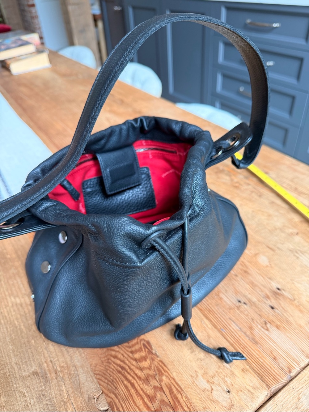 Hammitt Black Leather Drawstring Crossbody with Red Lining